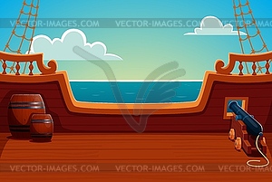 Pirate ship deck with wooden barrels and cannon - vector image