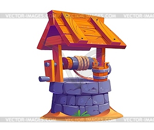 Cartoon wooden bucket and rustic stone water well - vector image