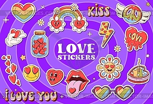 Retro y2k groovy love vibrant stickers pack - vector clipart