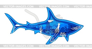 Shark silhouette with underwater landscape - vector image