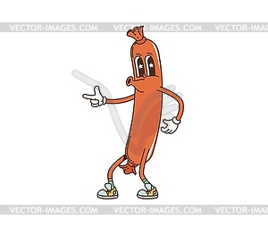 Retro cartoon groovy breakfast sausage character - vector clip art