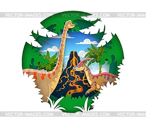 Paper cut landscape with volcano and dinosaurs - vector clipart
