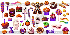 Cartoon Halloween holiday sweets, spooky desserts - vector image