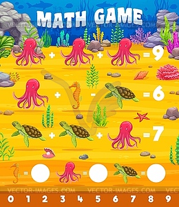 Math game worksheet with underwater sea animals - vector clip art