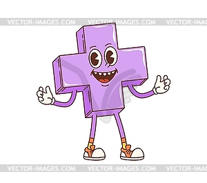 Cartoon groovy math figure of plus sign character - color vector clipart