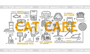 Cat pet care line icons, animal food, veterinary - vector image