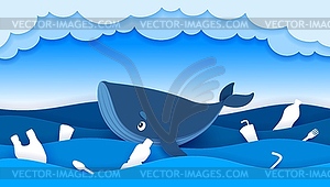 Paper cut whale in polluted water, plastic in sea - vector image