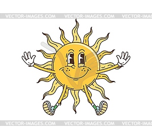 Cartoon groovy sun character with happy funky face - vector image