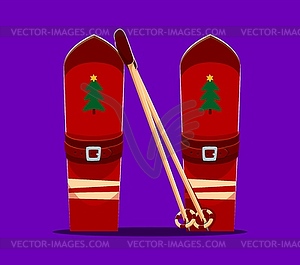 Merry Christmas font alphabet, letter N as skis - vector clip art