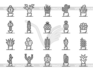 Cactus succulent line icons, set of desert plants - vector image