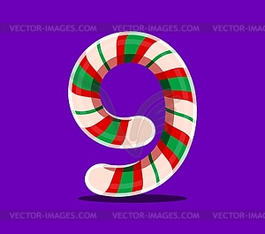 Christmas font, Xmas alphabet number 9 candy cane - vector clip art