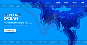 Landing page with paper cut underwater landscape - vector clipart