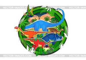 Paper cut prehistoric era landscape with dinosaurs - vector clip art