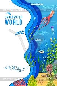 Paper cut underwater poster with sea creatures - vector clipart