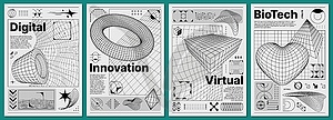 Плакаты Brutalism y2k с ретро-сеткой, 3d-формами - векторный дизайн