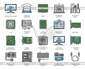 Computer software and hardware, color line icons - vector clip art