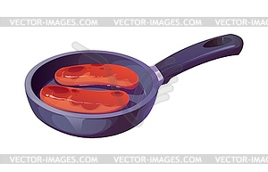 Frying pan with two sausages sizzling inside - vector clipart