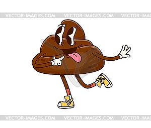 Funny poop groovy character, shit cartoon emoticon - vector image