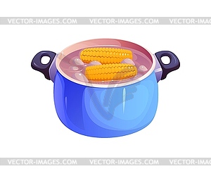 Corn cobs cooking process in blue kitchen pot - vector EPS clipart