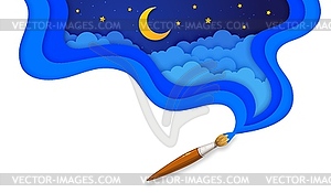 Paper cut night sky with brush, moon and stars - vector image