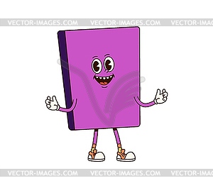 Cartoon book groovy character with purple cover - vector clip art