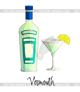 Vermouth bottle and glass, alcohol drink beverage - vector clipart