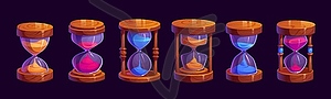 Cartoon game sandglass or hourglass with sand - vector image