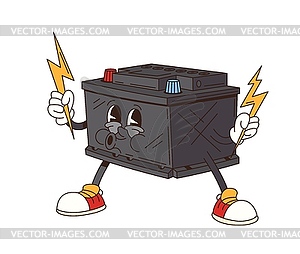 Cartoon retro groovy car battery funny character - vector image