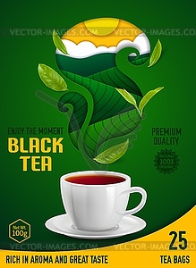 Paper cut poster with tea plantation, promo - vector clip art