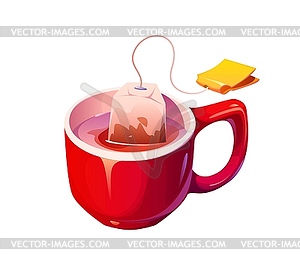 Tea bag is steeping in mug filled with hot water - vector image