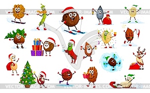 Cartoon Christmas nut, seed and bean characters - vector image