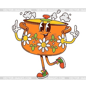 Cartoon groovy kitchen pot character or saucepan - vector clipart