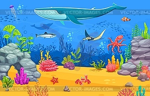 Game sea underwater landscape with giant whale - vector image