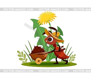 Cartoon ant pushing wheelbarrow with soil, farmer - royalty-free vector clipart