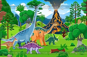 Prehistoric era landscape with dinosaurs species - vector image