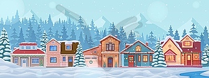 Snowy winter town landscape with houses in snow - vector image