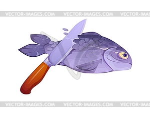 Process of cleaning fish with knife, cartoon - vector clipart