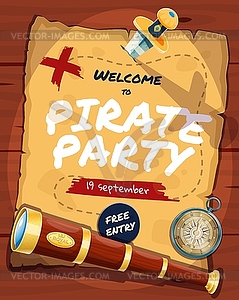 Pirate party flyer with vintage manuscript scroll - vector image