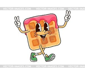 Groovy Belgian waffle dessert character with jam - vector clip art