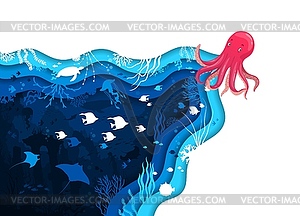 Paper cut underwater landscape, octopus and fishes - vector image