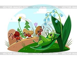 Cartoon ant characters with nuts and grasshopper - vector EPS clipart