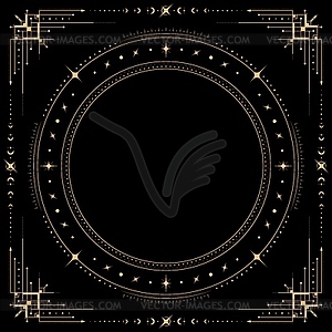 Mystic celestial square frame, golden line border - vector image