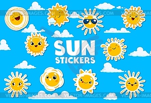 Funny sun characters stickers, cartoon sunny emoji - vector clipart