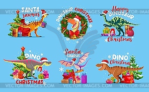 Christmas dinosaur greetings with dino species - color vector clipart