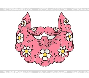 Groovy retro hippie pink beard with daisy flowers - vector clipart