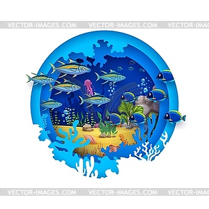 Paper cut round banner with underwater landscape - vector clip art