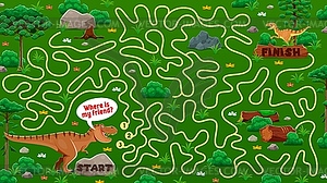 Kids labyrinth maze game worksheet with dinosaurs - vector clipart