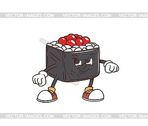 Cartoon retro groovy sushi roll funny character - vector clipart