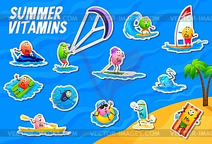 Cartoon vitamins micronutrients on summer vacation - vector clip art