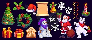 Cartoon Christmas holiday characters, decorations - vector image